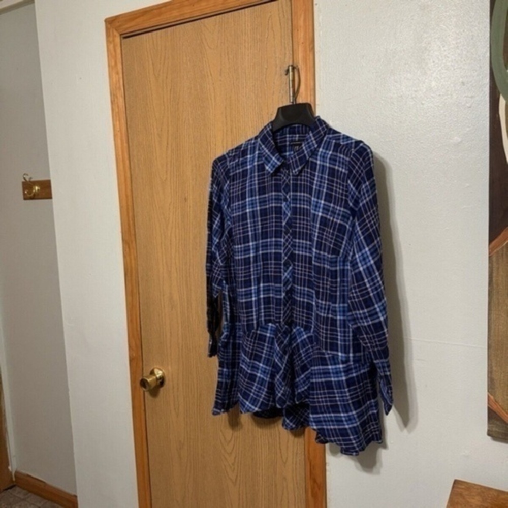 Isaac Mizrahi Live Size 20W Blue w/Plaid Print Button-Front Peplum Flannel Shirt